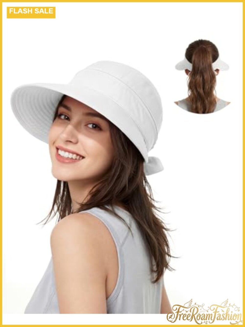 Wide Brim Sun Hat Zip-Off Beach Visor Ponytail UV Protection